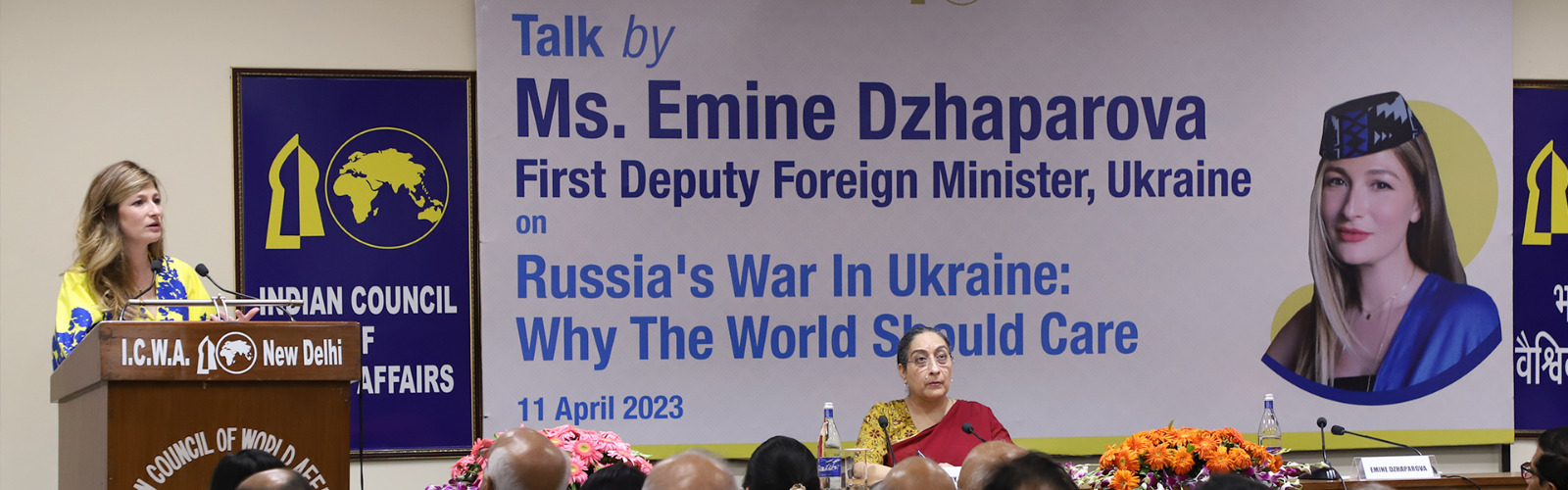 यूक्रेन की पहली उप विदेश मंत्री सुश्री एमीन दझापरोवा सप्रू हाउस में 11 अप्रैल 2023 को 