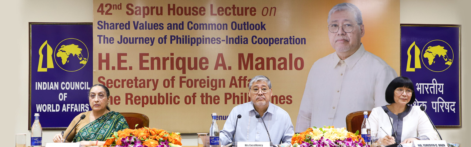 L-R: Amb. Vijay Thakur Singh, DG, ICWA; H.E. Enrique A. Manalo, Secretary of Foreign Affairs, The Republic of the Philippines; Amb. Ma. Teresita C. Daza, DG, FSI & Former Amb. of Philippines to India & Nepal at the 42nd Sapru House Lecture on Shared Values and Common Outlook - The Journey of Philippines-India Cooperation by Hon. Enrique A. Manalo, Secretary of Foreign Affairs, The Republic of the Philippines organized at Sapru House on 28 June 2023.